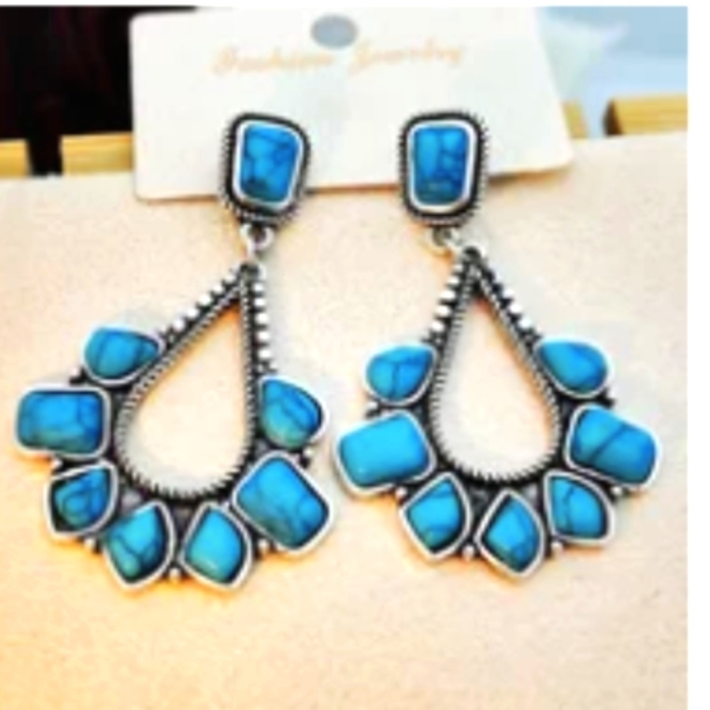 Turquoise Earrings 925 Silver Plated Western Bohemian Boho Blue Silvery Jewelry - Picture 5 of 8
